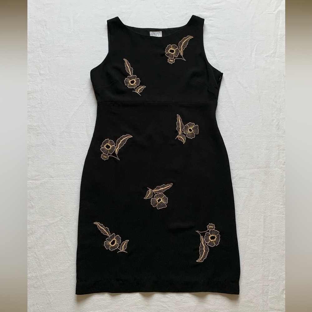 Ann Taylor Loft Sleeveless Black Midi Dress with Tan Embroidered Flowers 12